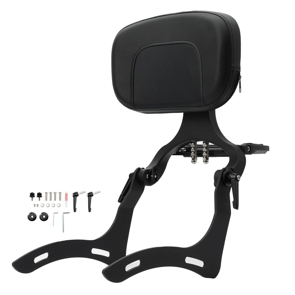 Black passenger sissy bar backrest with cushioned headrest and mounting hardware