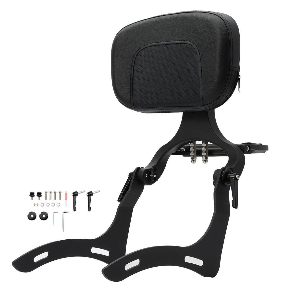 Black passenger sissy bar backrest with cushioned headrest and mounting hardware