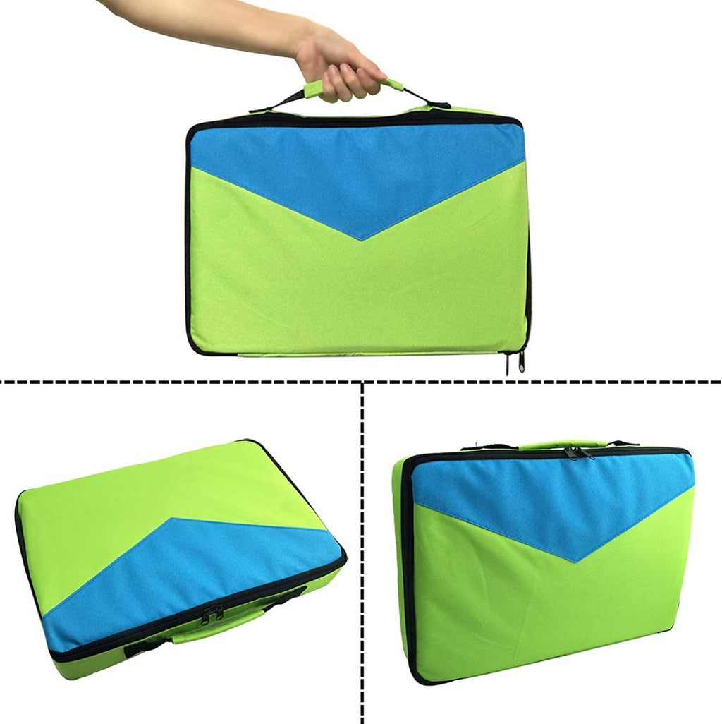 Electricity and magnetism kit storage case with green body, blue top, and zipper