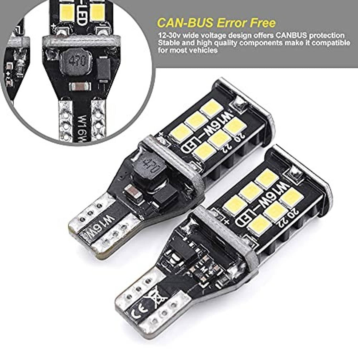 LED third brake light bulbs with close-up multi-LED circuit boards in black and yellow