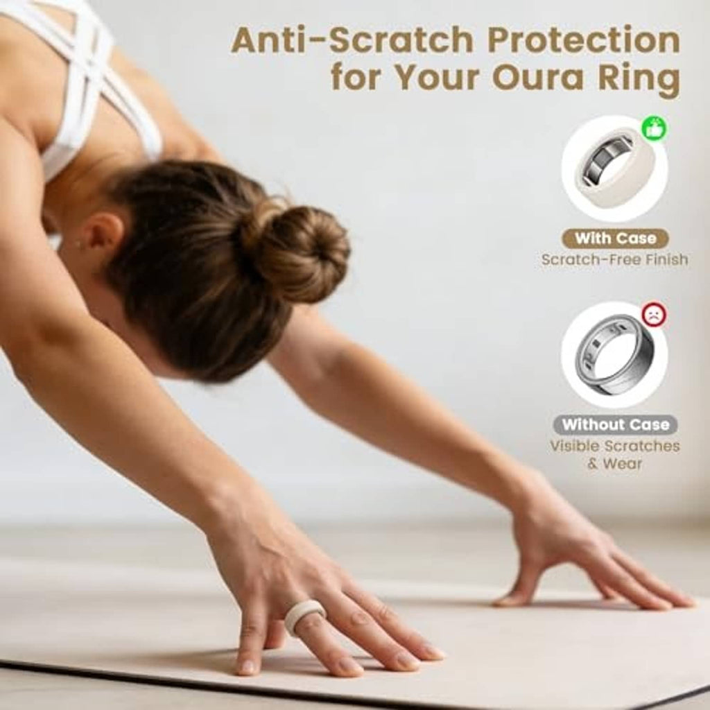 Anti-scratch Oura ring cover worn on finger in light beige color
