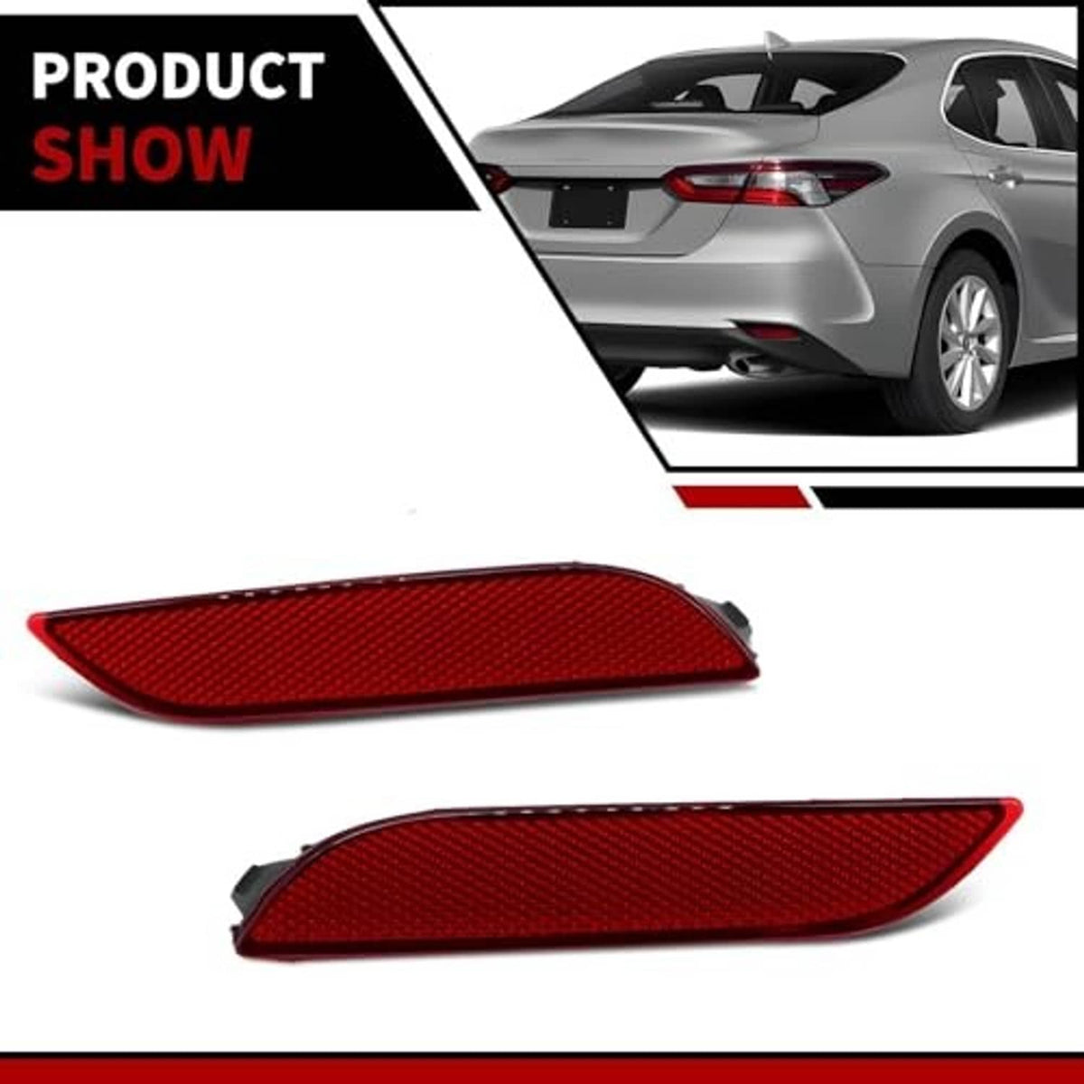 Red rear bumper reflector lights set, front view with textured reflector surface