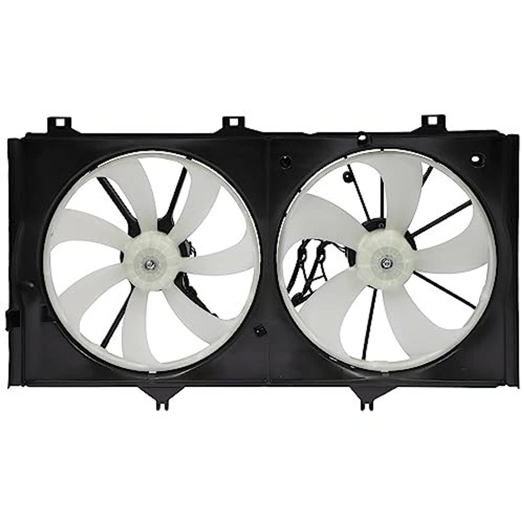 Dual radiator cooling fan assembly, black frame with two silver blade fans