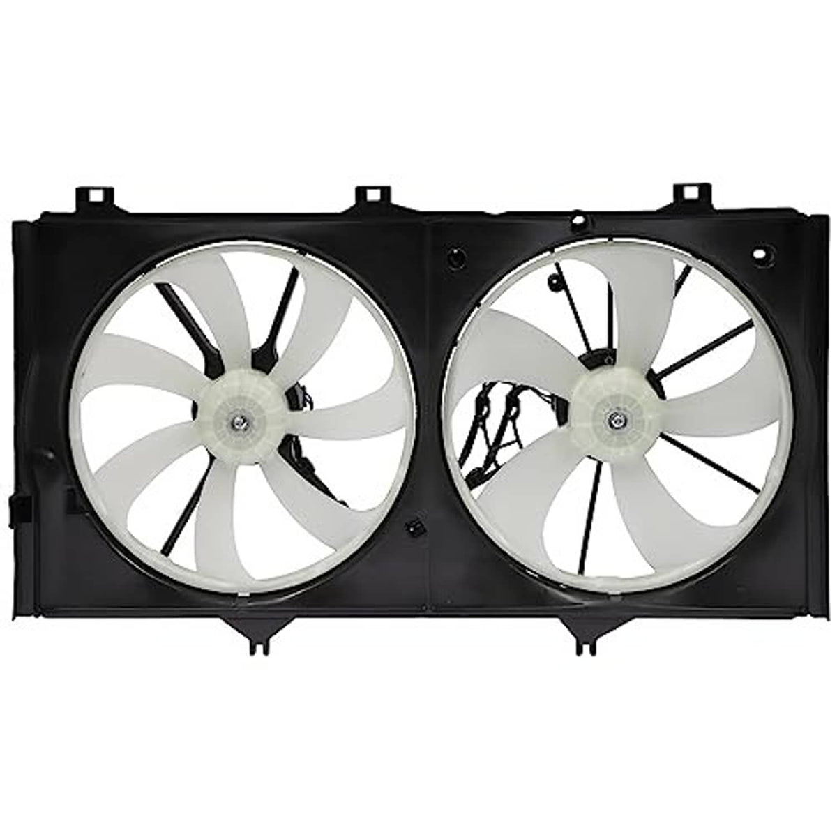 Dual radiator cooling fan assembly, black frame with two silver blade fans