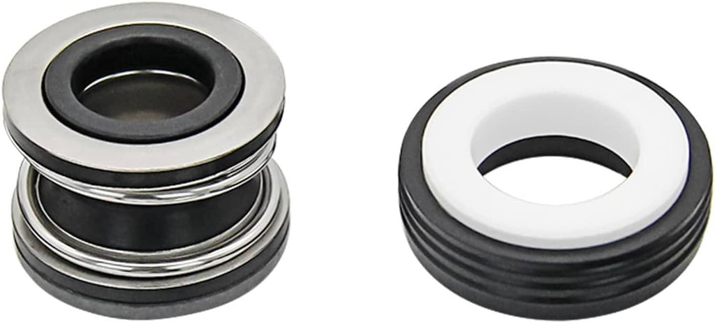 Pair of pool pump seal components with black rubber seals and metal outer rings