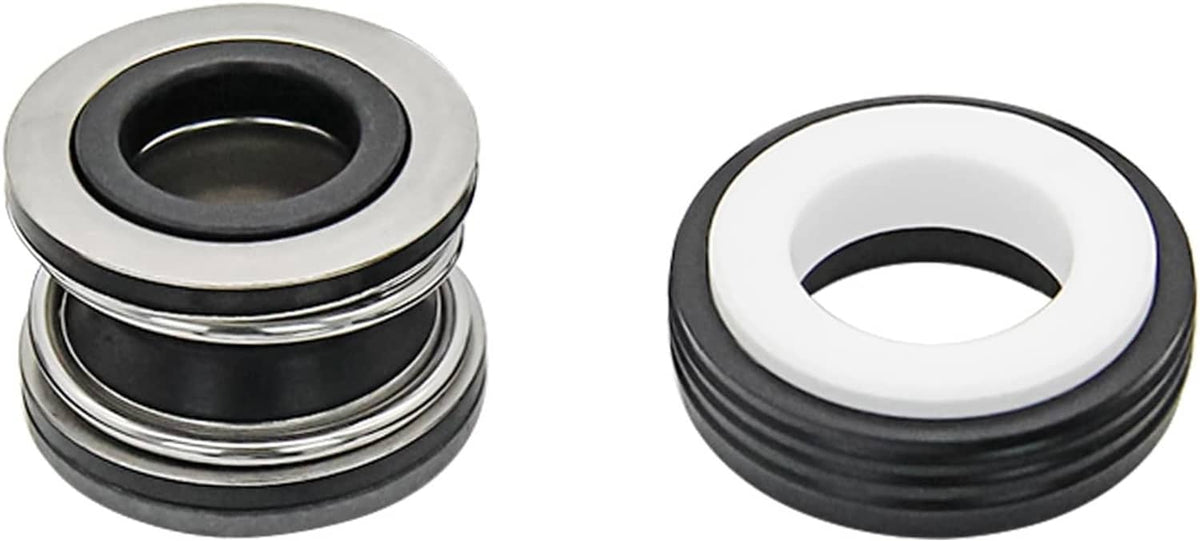 Pair of pool pump seal components with black rubber seals and metal outer rings