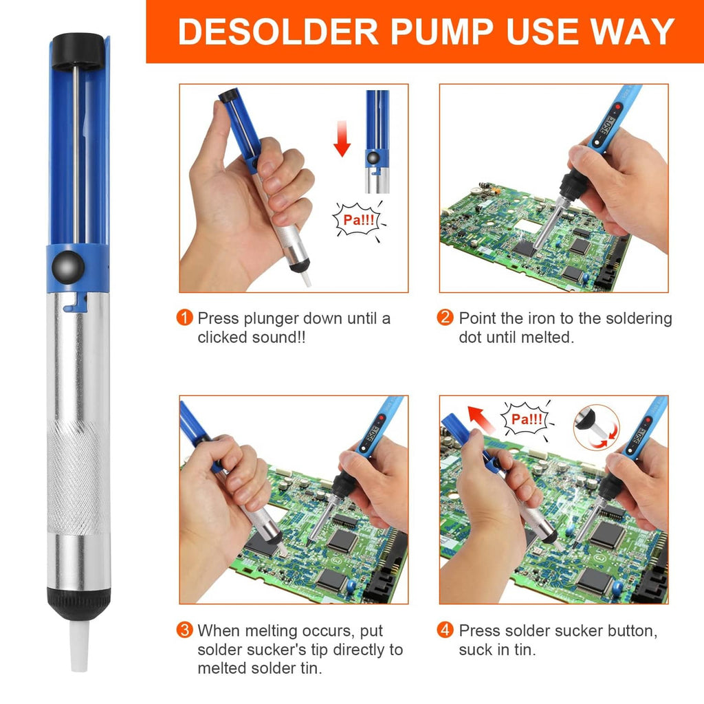 Desoldering pump tool with blue barrel and plunger for removing solder