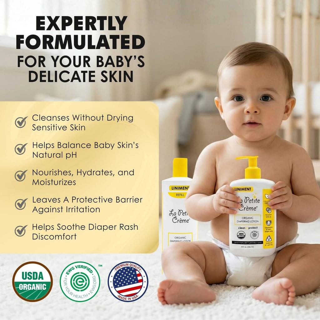 La Petite Creme French diapering lotion bottles with yellow pumps, white bottles