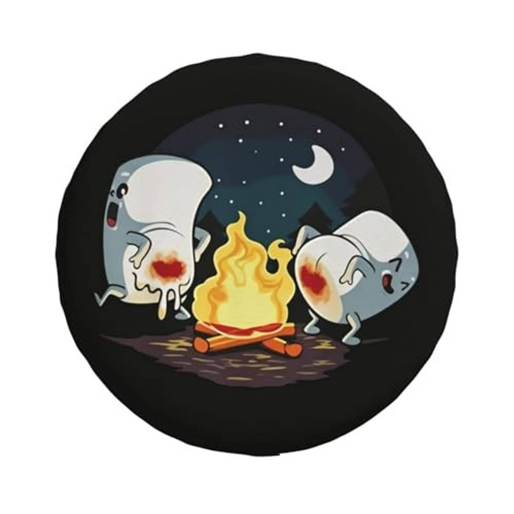 Round spare tire cover featuring cartoon campfire scene with animals on black