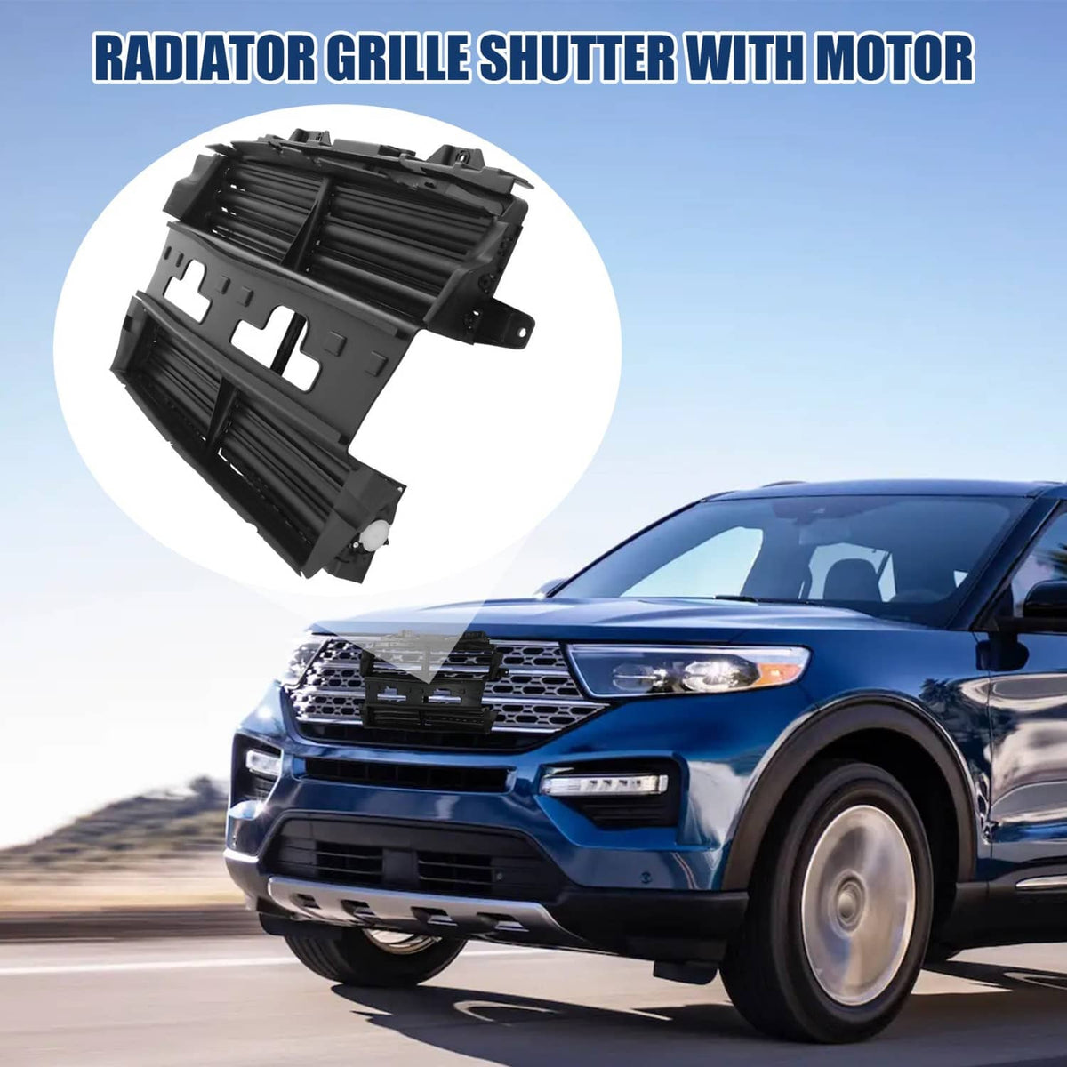 Angled black radiator grille shutter with motor housing and horizontal slats