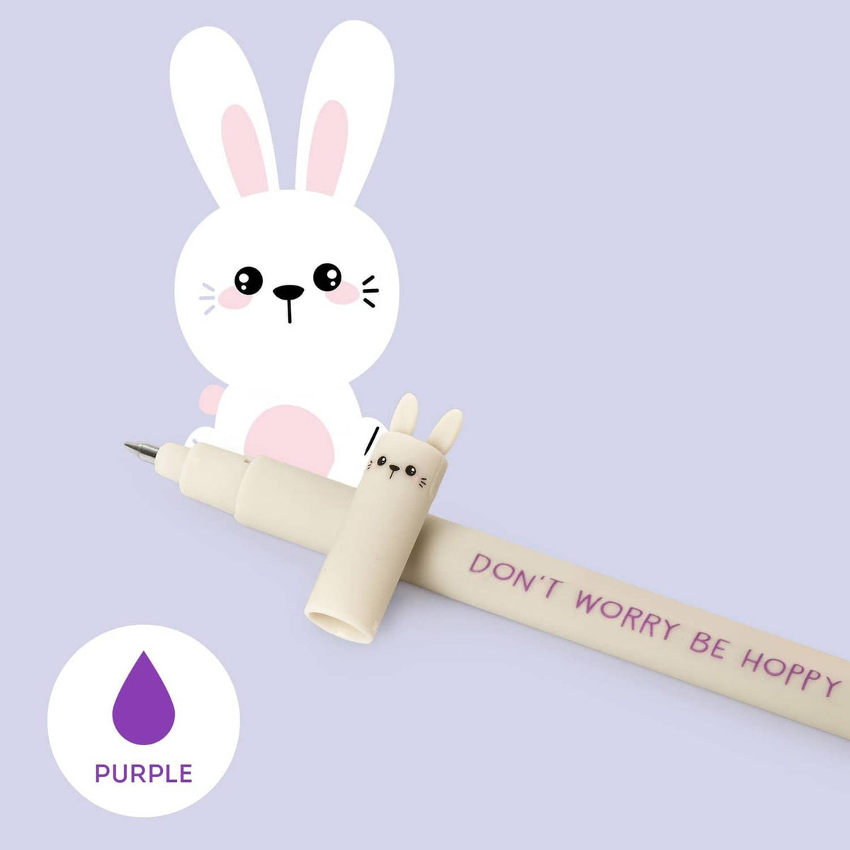 Rabbit-shaped cap gel pen with beige barrel, 'DON'T WORRY BE HOPPY' lettering; purple ink