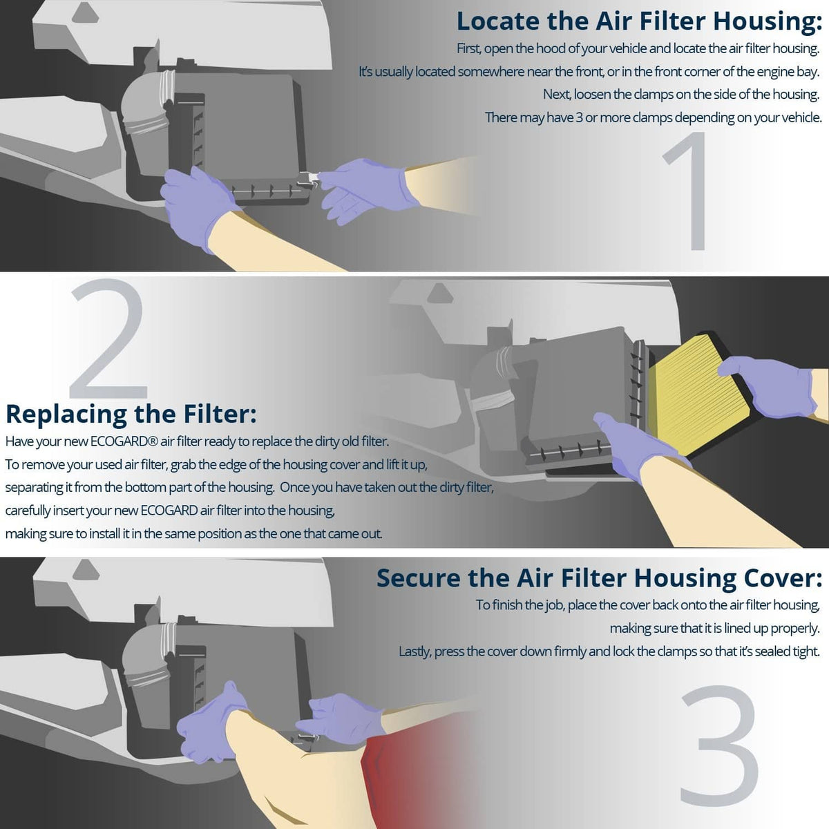 Engine air filter replacement instruction diagram showing cover and housing steps