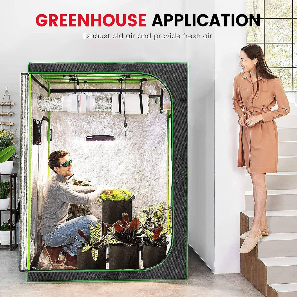 In-line bilge air blower shown for greenhouse exhaust and fresh air circulation