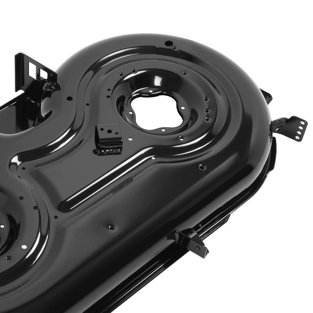 Close-up of black cutting deck assembly showing blade spindle opening and support bar
