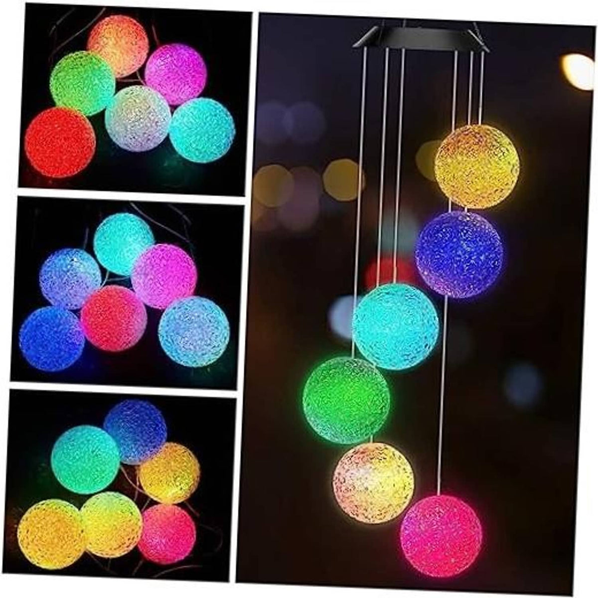 Color-changing solar wind chime with five glitter crystal balls in rainbow colors