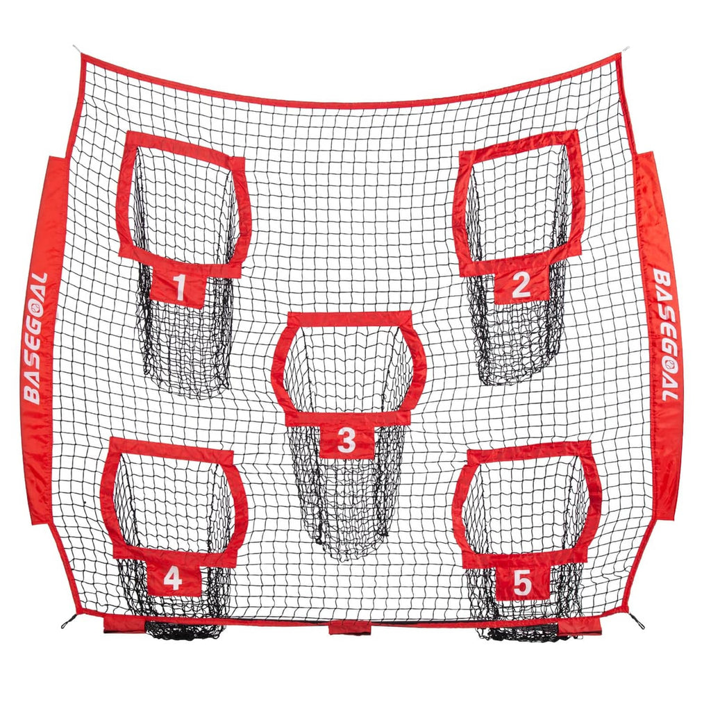 Red football replacement net with five numbered target openings, 7ft x 7ft