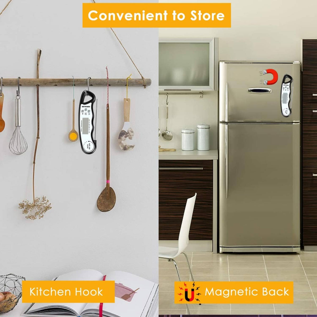GDEALER instant-read thermometer on kitchen hook and magnet back storage
