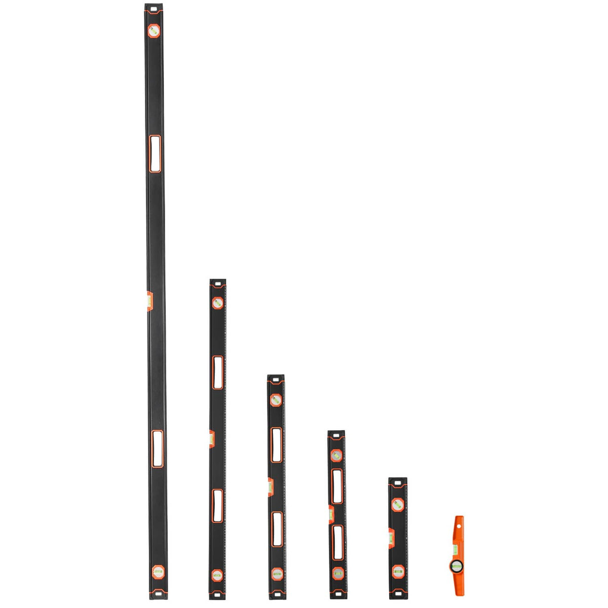 Stacked magnetic torpedo level bars in black with orange bubble housings, multiple sizes