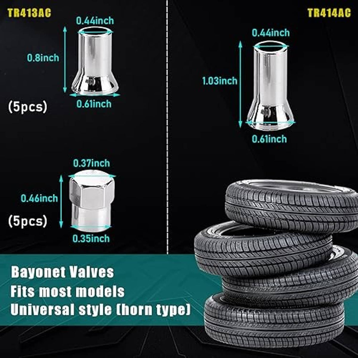 Chrome wheel valve stem cover set, horn type; shown with size measurements