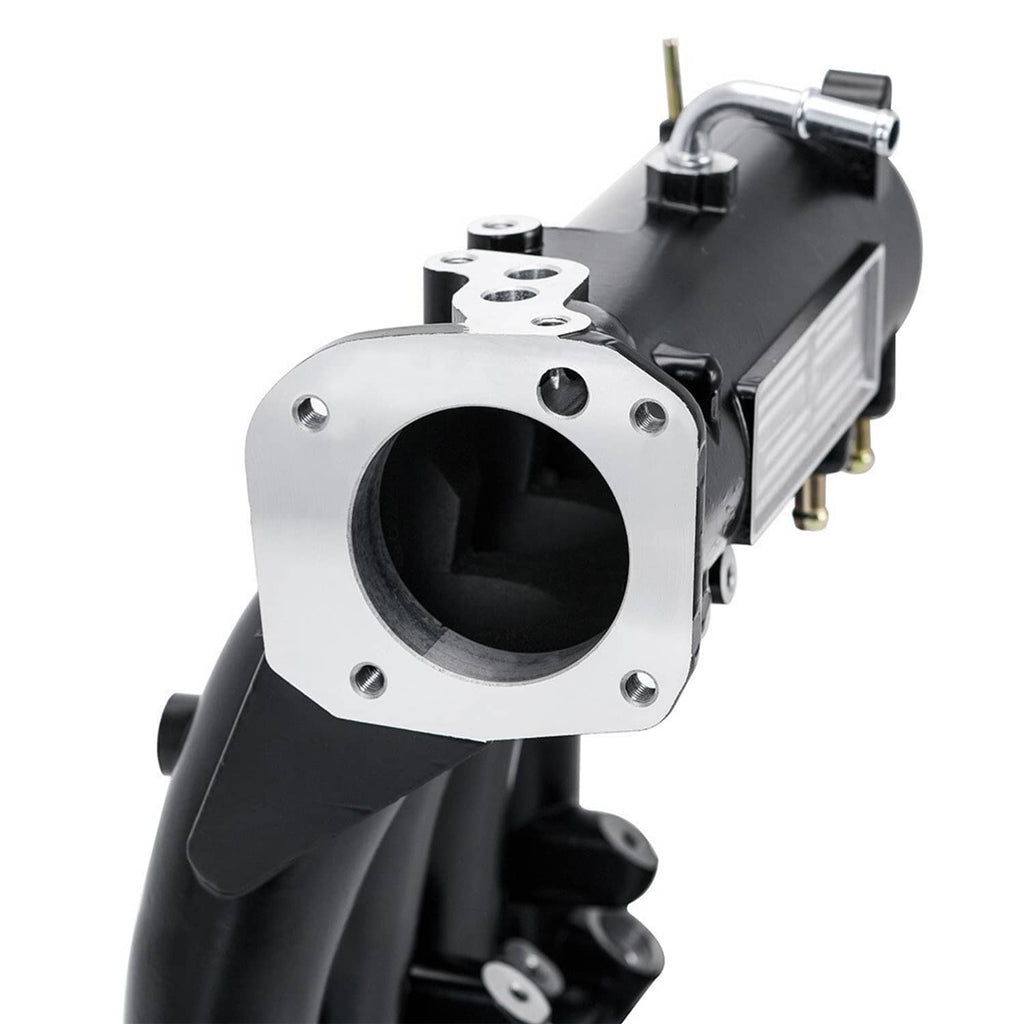 Black intake manifold with large silver throttle opening flange and mounting screws