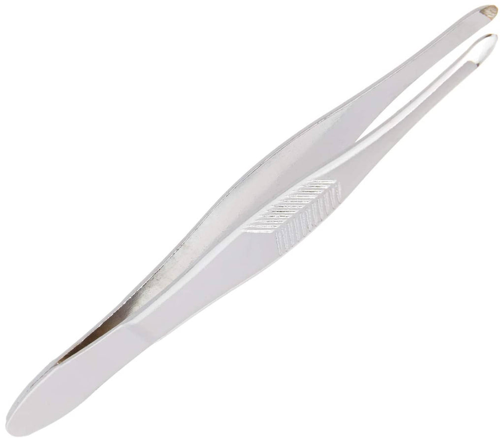 Blunt tip tweezers with textured grip, stainless steel finish.