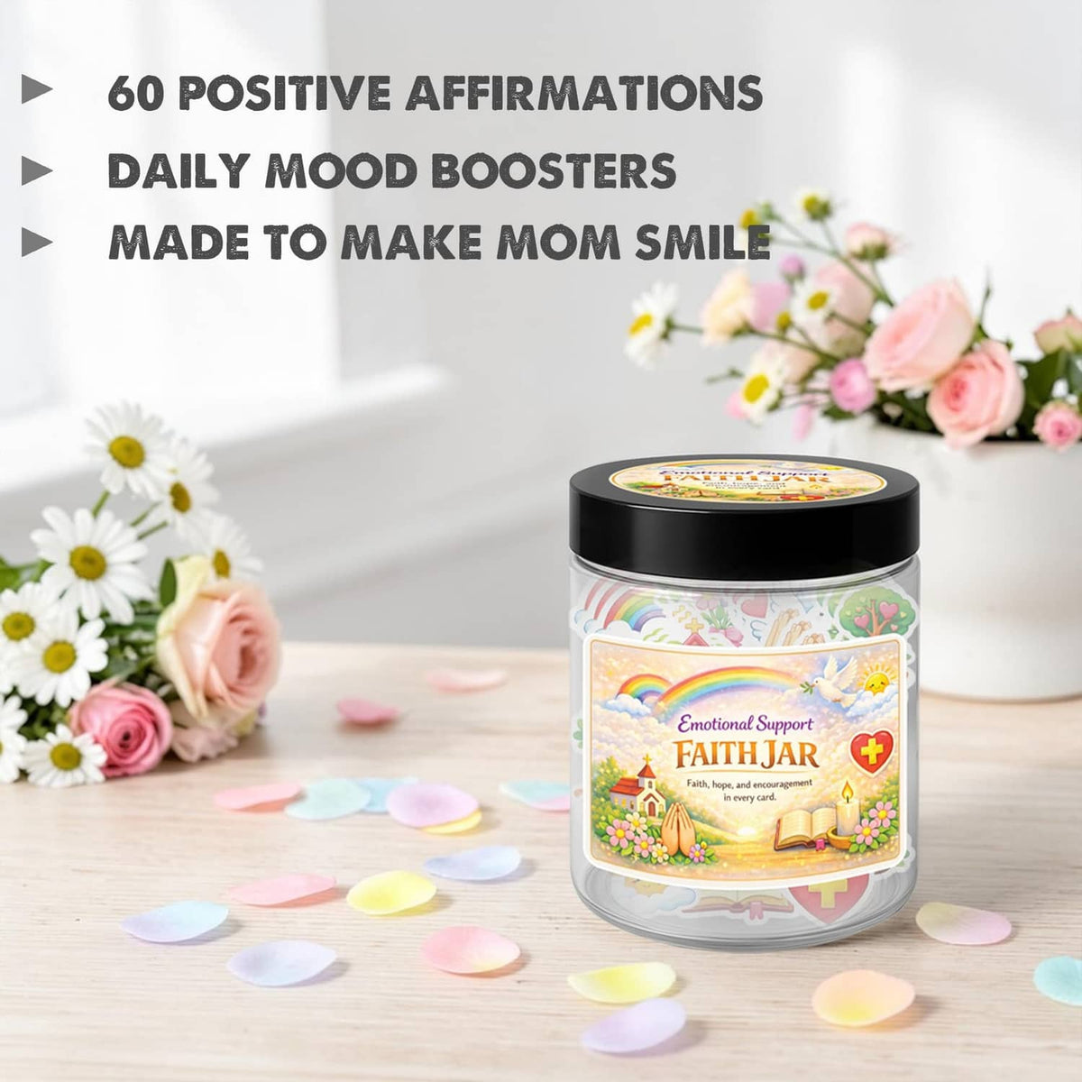 Emotional Support Faith Jar with black lid on surface, surrounded by colorful faith cards