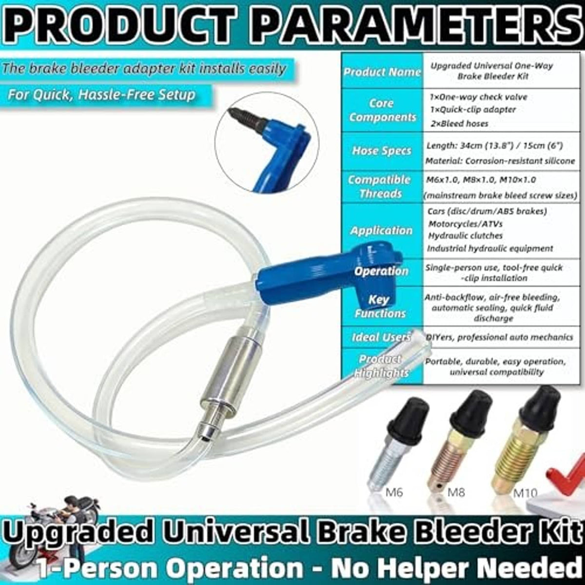 Brake bleeder kit with clear hose, blue one-way valve, metal adapter and spare fittings