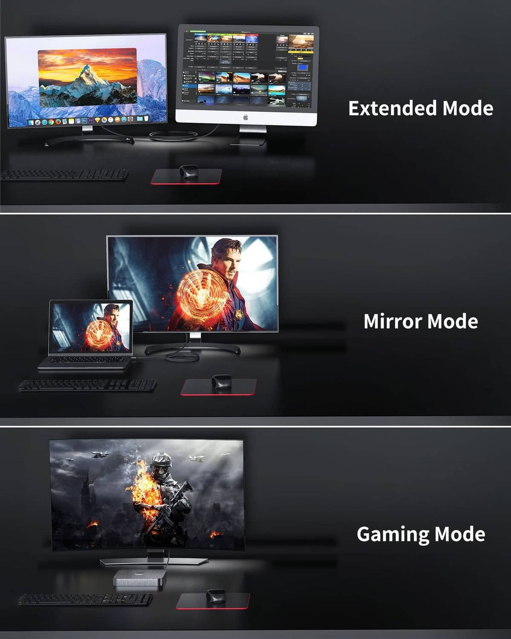 USB-C to DisplayPort cable used for extended, mirror, and gaming display modes
