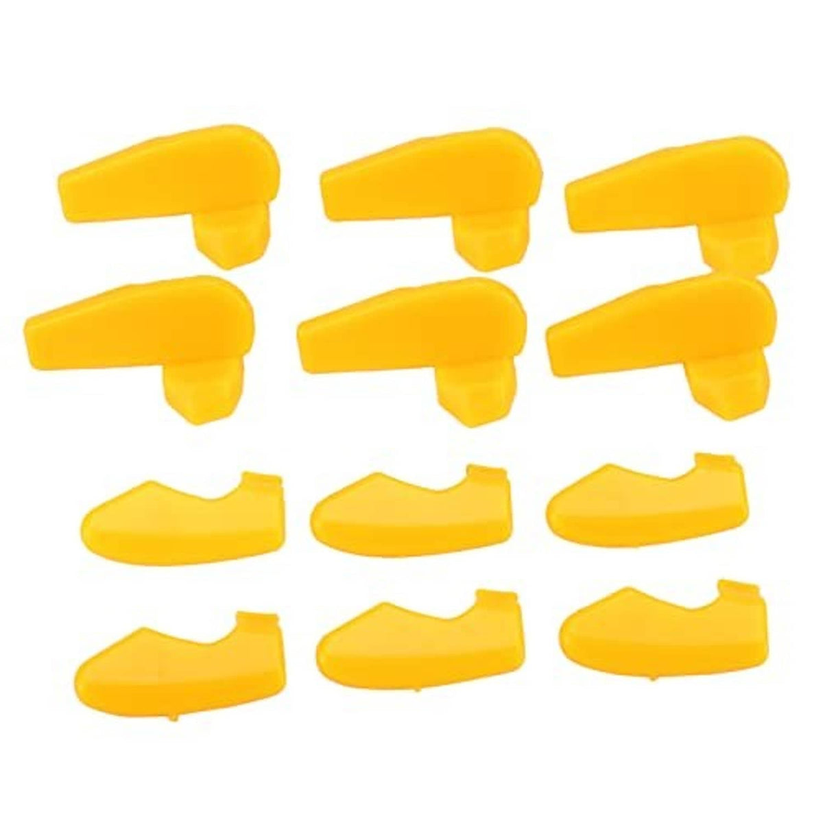 Yellow tire rim mounting tools: T-handle clips and flat curved pieces