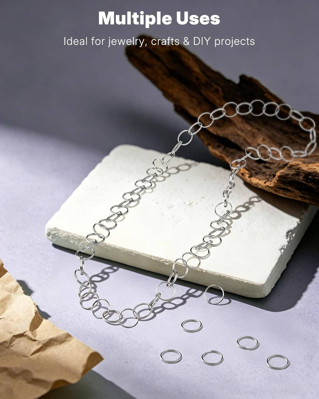 Silver split jump rings for DIY jewelry, loose rings and chain shown
