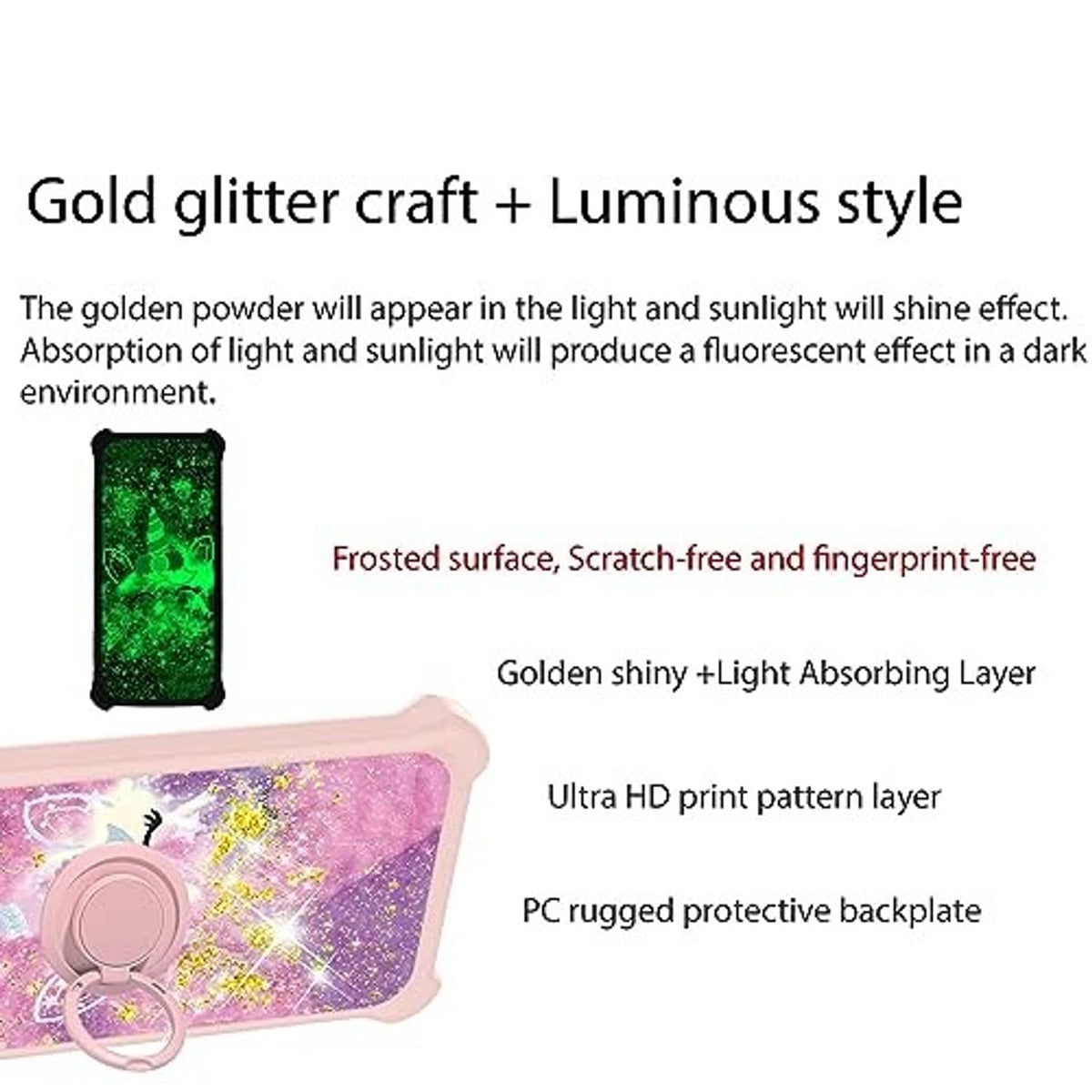 Pink glitter phone case with unicorn design and circular ring stand; green backplate sample