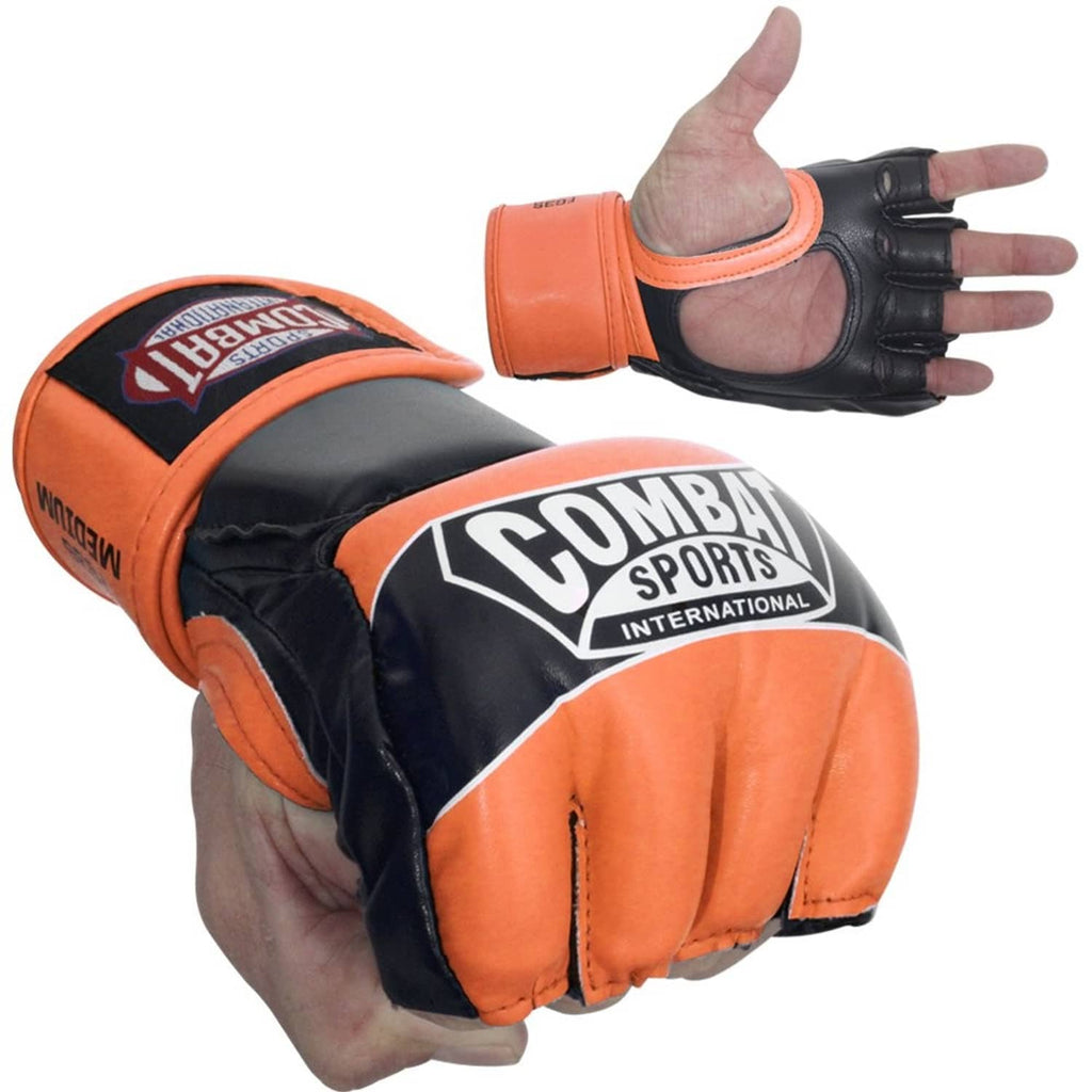 Youth boxing gloves with open palm grip, black and orange full padding.