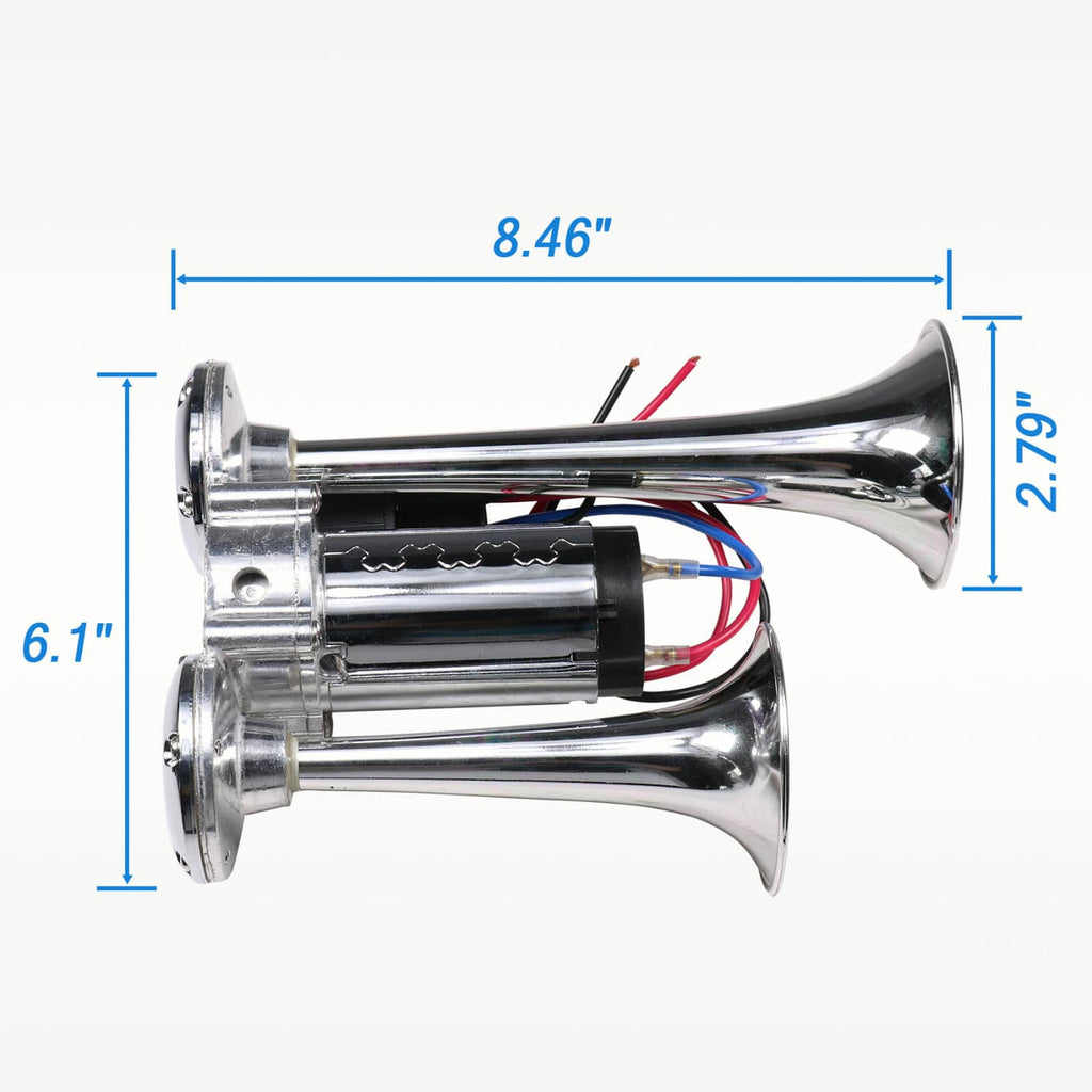 Chrome dual trumpet air horn with two trumpet bells and black wiring connector