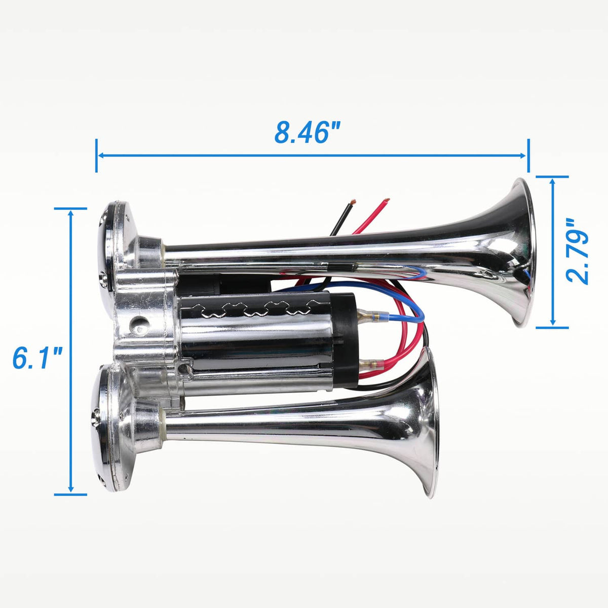 Chrome dual trumpet air horn with two trumpet bells and black wiring connector