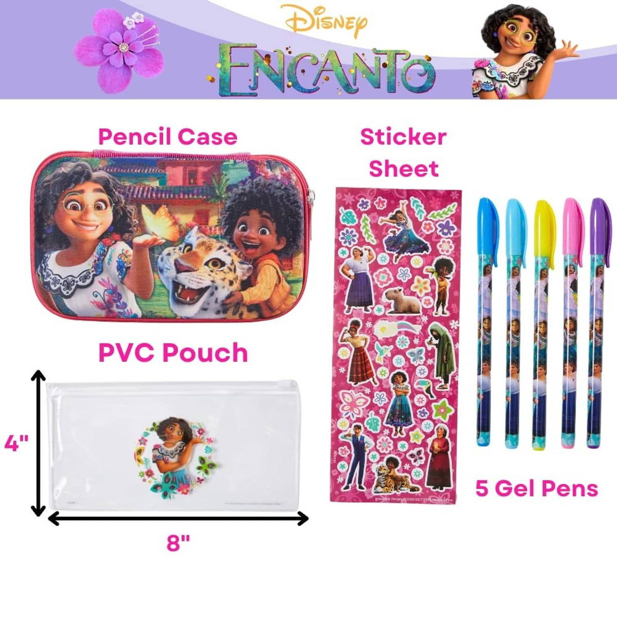 Pencil case set with sticker sheet and five gel pens in PVC pouch