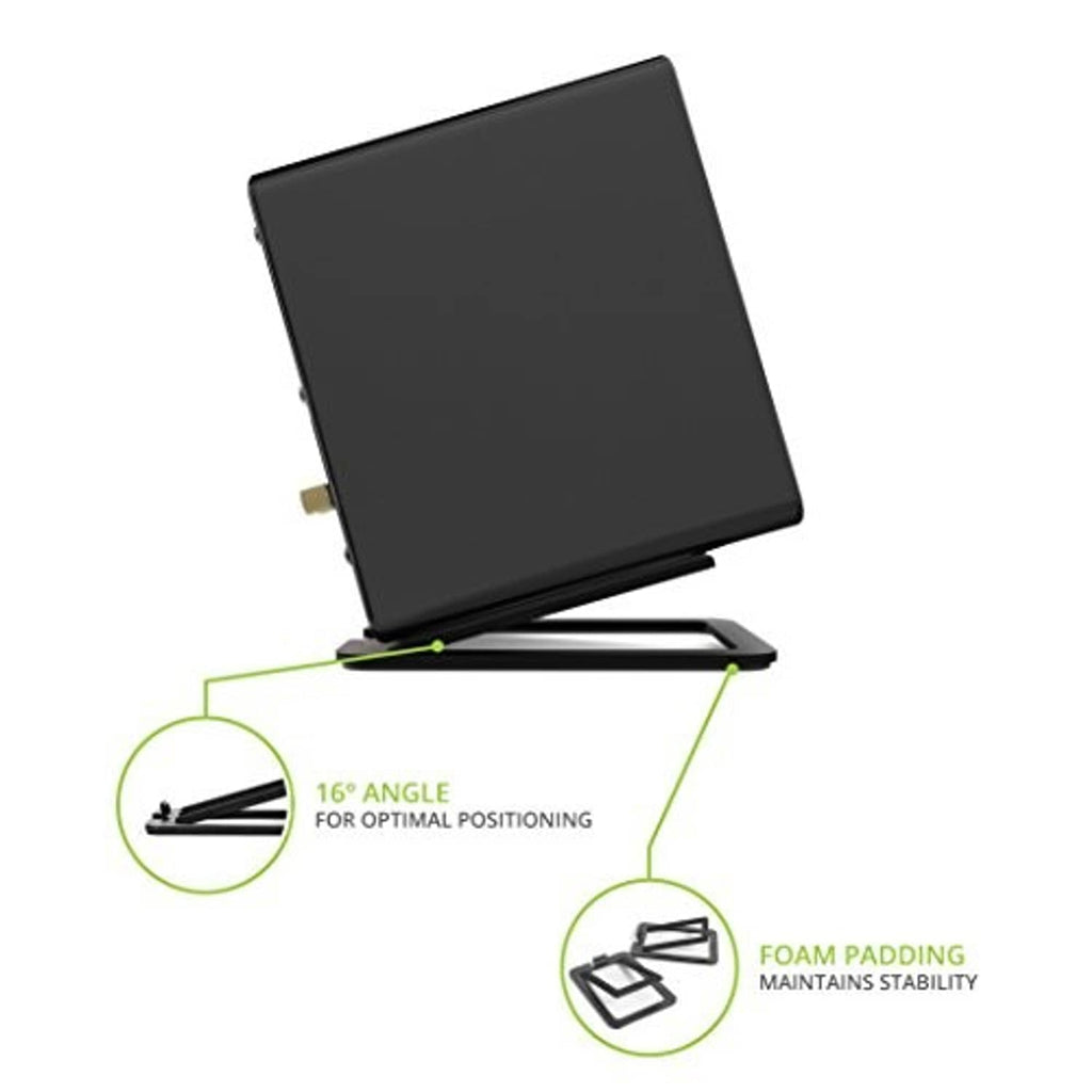 Black tilted speaker stand with 16° angle marker and foam padding shown