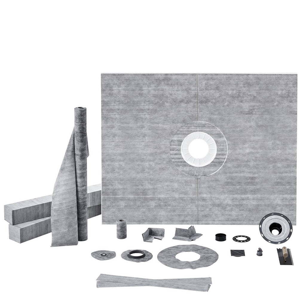 Gray shower curb kit panels with central drain flange and assorted waterproof accessories