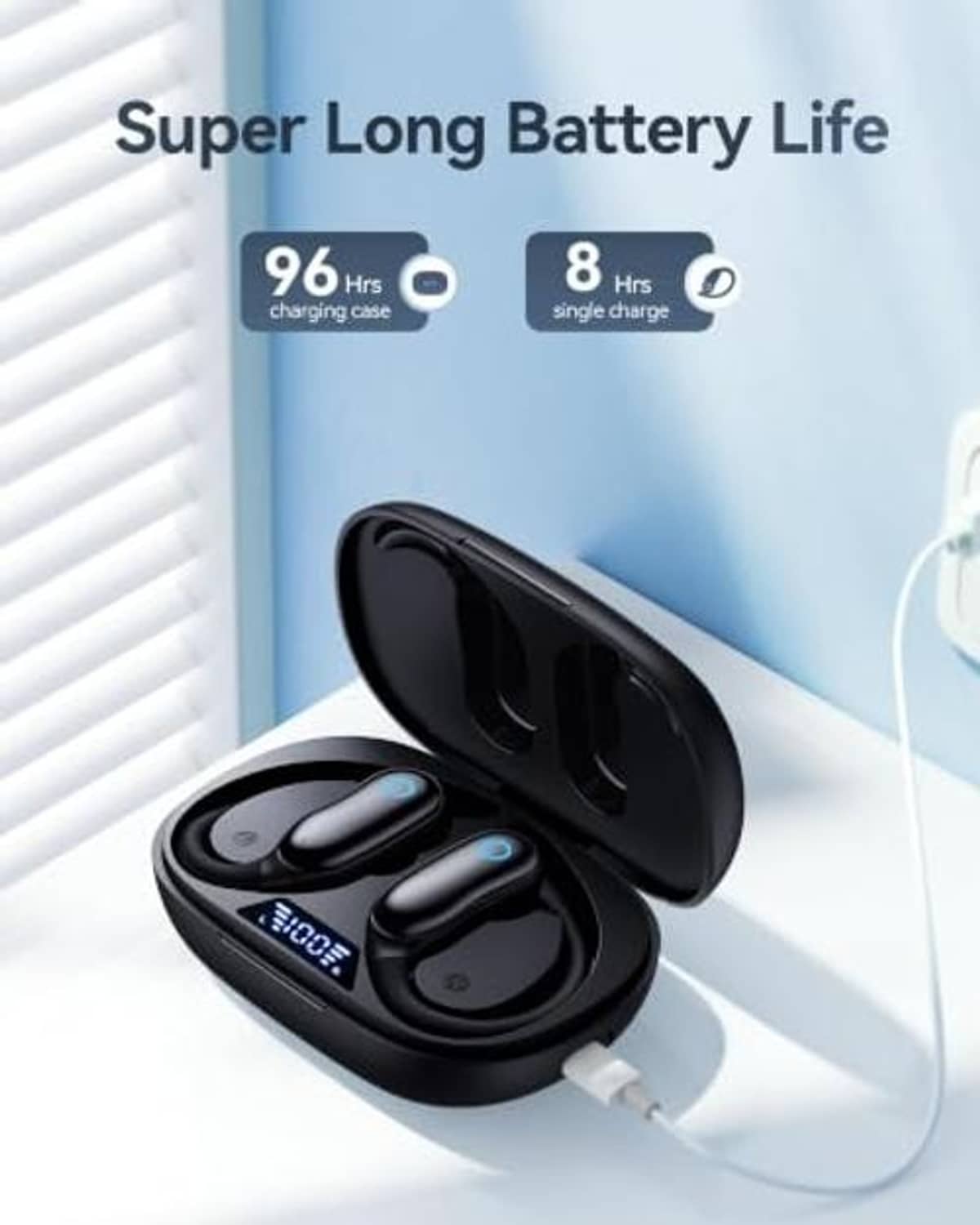Black wireless earbuds with charging case, open case and charging cable visible.