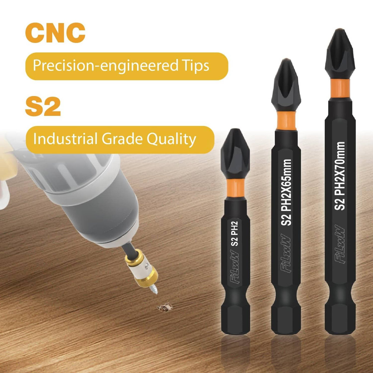 Magnetic screw rings with black S2 PH2 tips for attaching screws