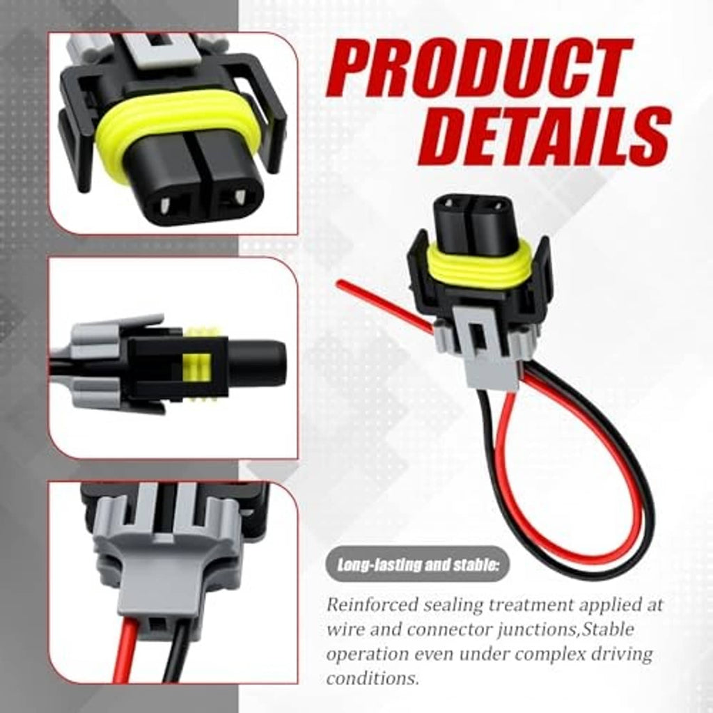 Headlight pigtail connector detail showing yellow latch, gray plug, and red/black wires