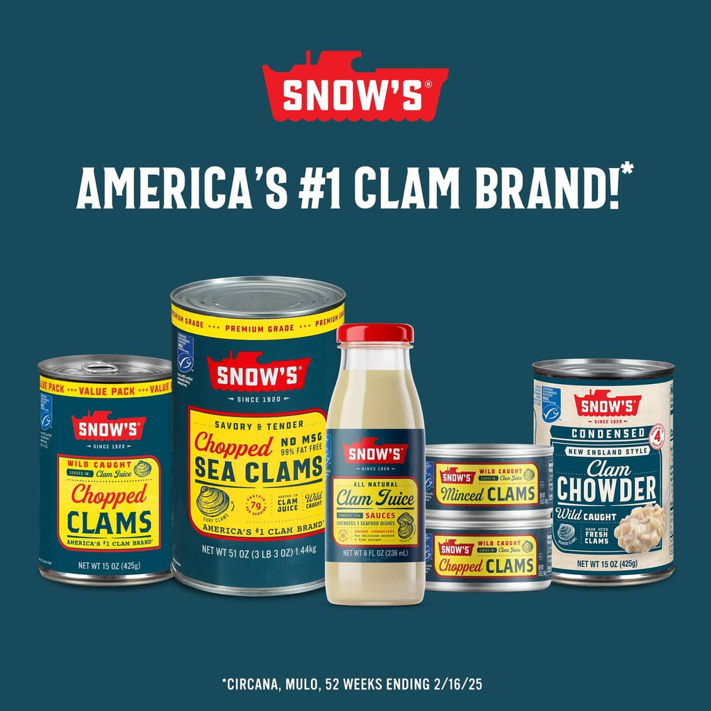 Assorted Snow's chopped sea clams cans and clam juice bottle