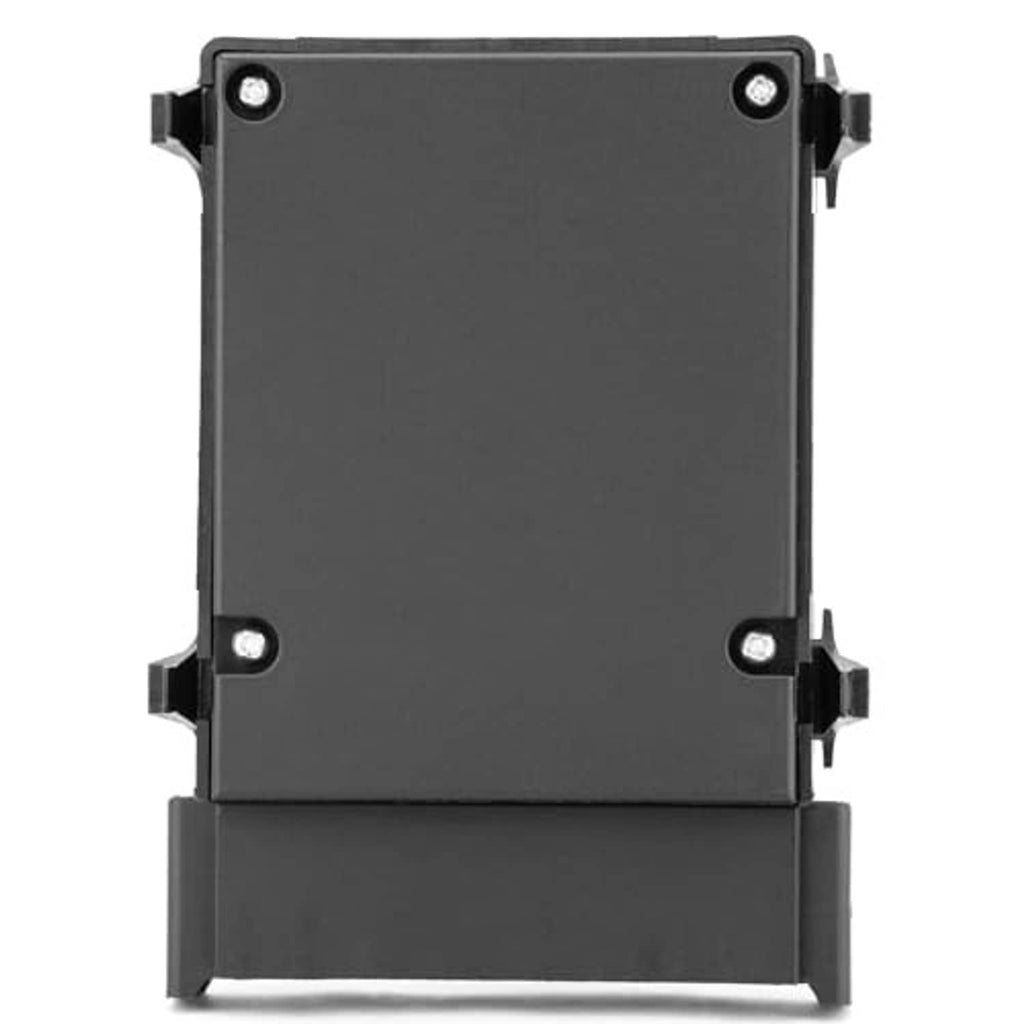 Driver-side power seat switch module back plate in dark gray with mounting holes