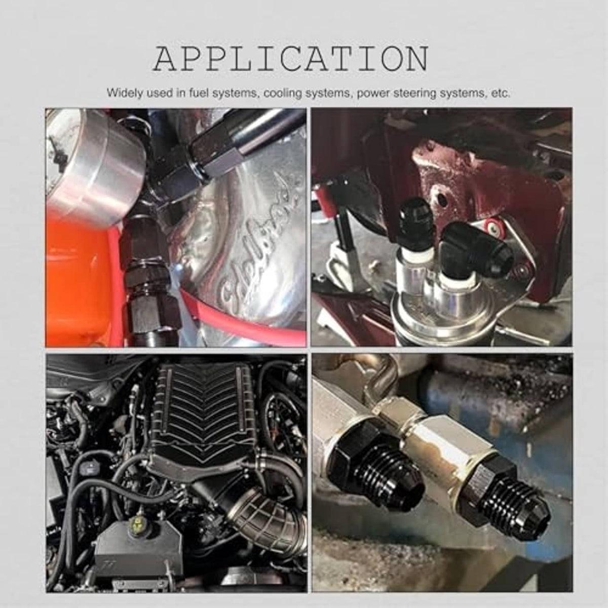 Black AN10 to 3/4 NPT fitting connector shown in application collage