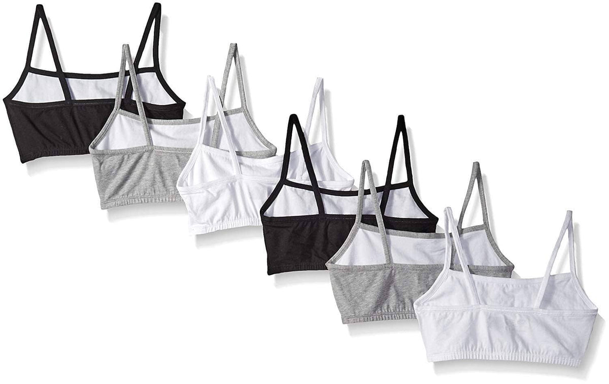 Women’s spaghetti strap pullover sports bras, gray, white, and black assortment