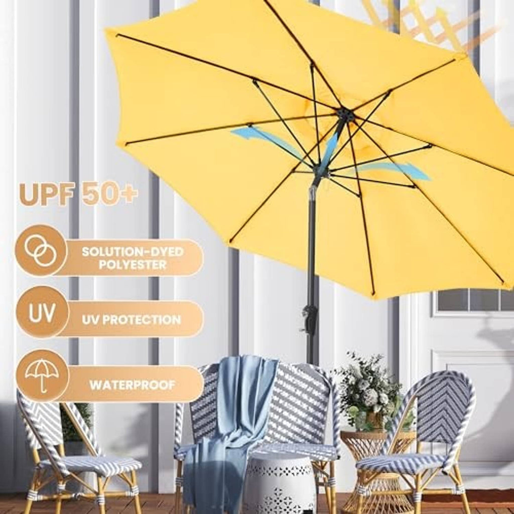 Yellow patio umbrella canopy with close-up fabric and UPF/UV/waterproof icons