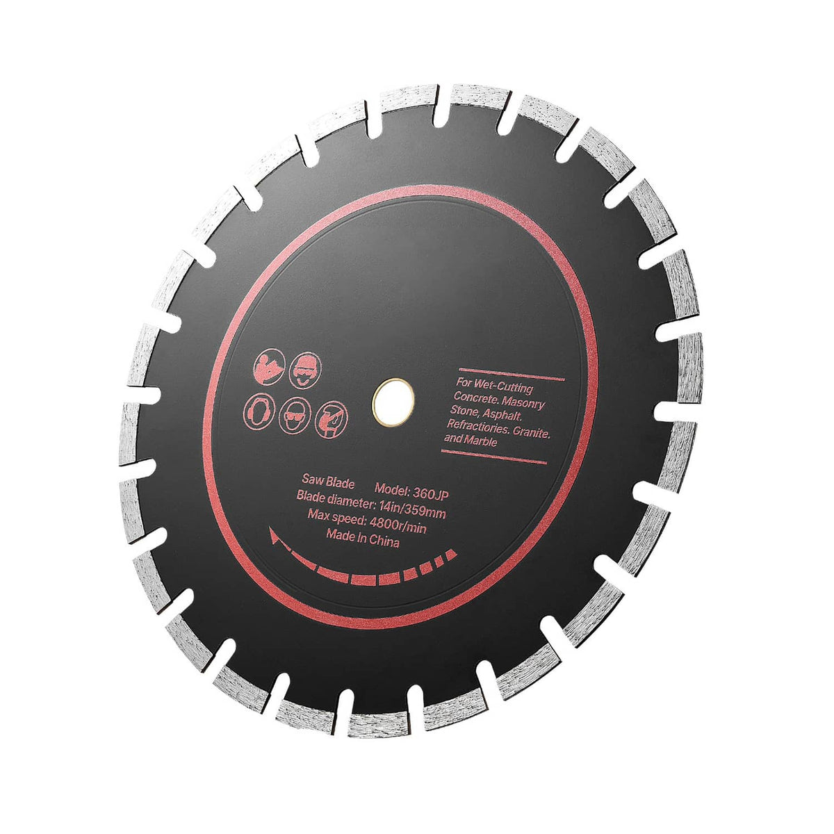 14 in diamond saw blade, red center text on black, segmented rim for wet/dry cutting