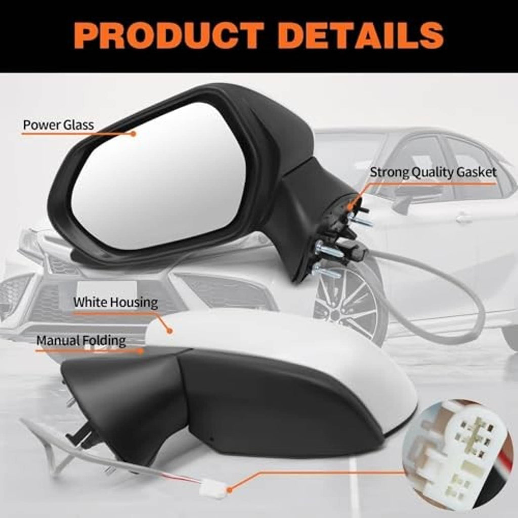 White housing side mirror assembly with black trim, manual folding and power glass