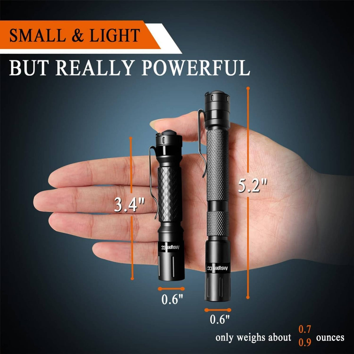 Black mini LED flashlight pens held in hand, compact size design with textured grip.