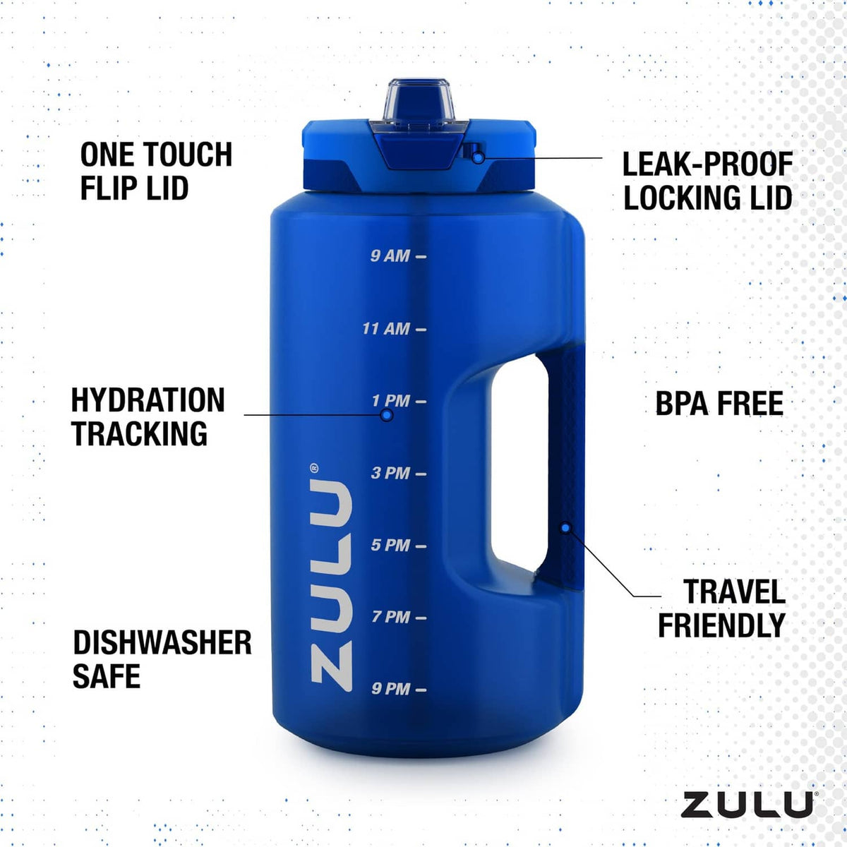 Royal blue plastic water bottle with side carry opening and flip-top lid