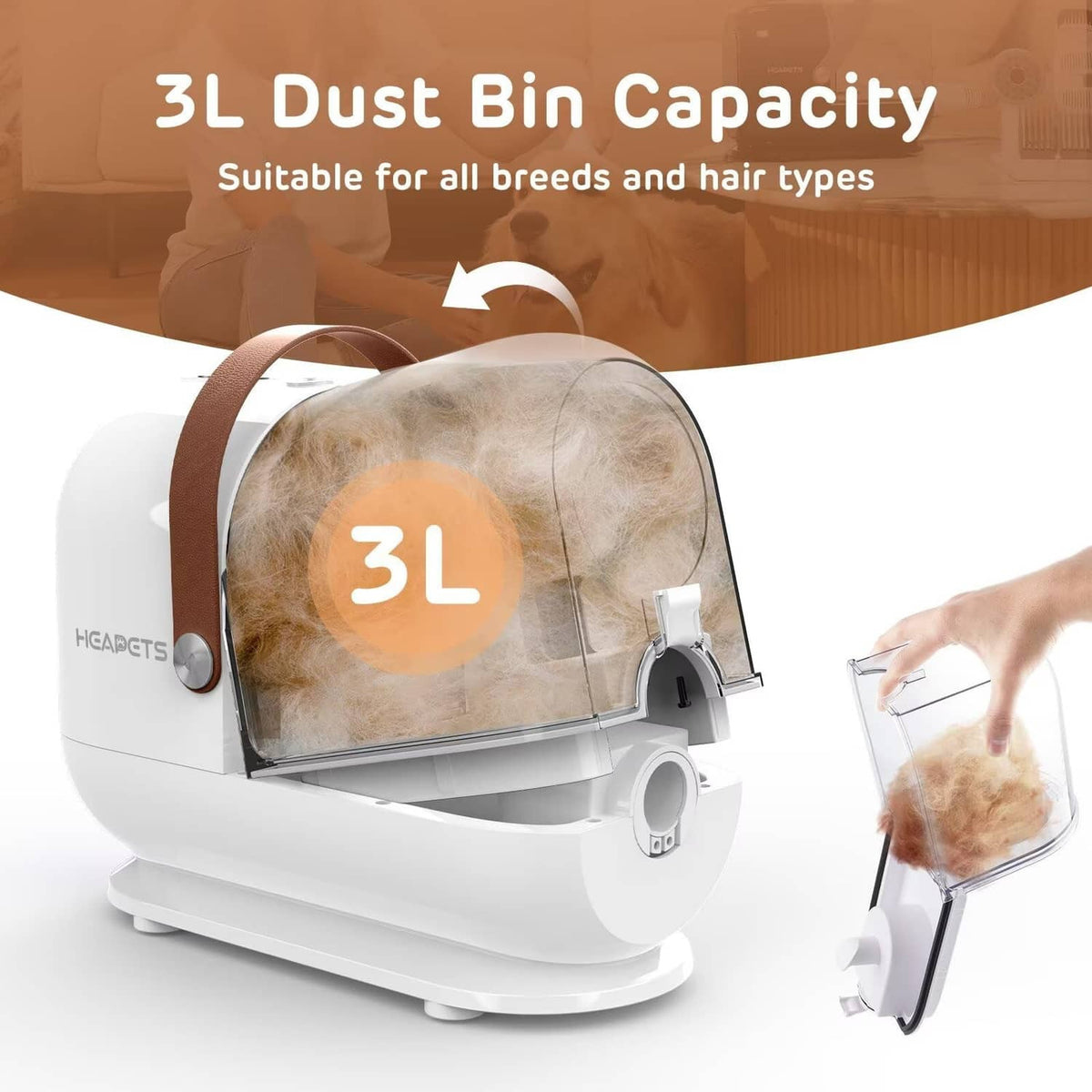 White 3L dust bin grooming vacuum with front intake on a base with side chute